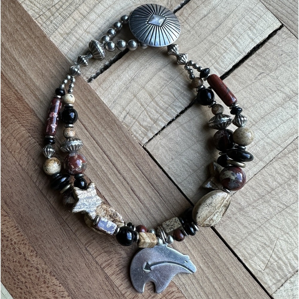 Vintage Beaded Southwest Style Bracelet 7.5 Inch‎ Hopi Bear Agate Jasper Toggle